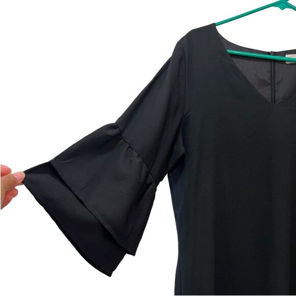 Belongsci Black Shift Dress Women Large V-Neck Bell Sleeves Minimalist Office - Picture 5 of 9